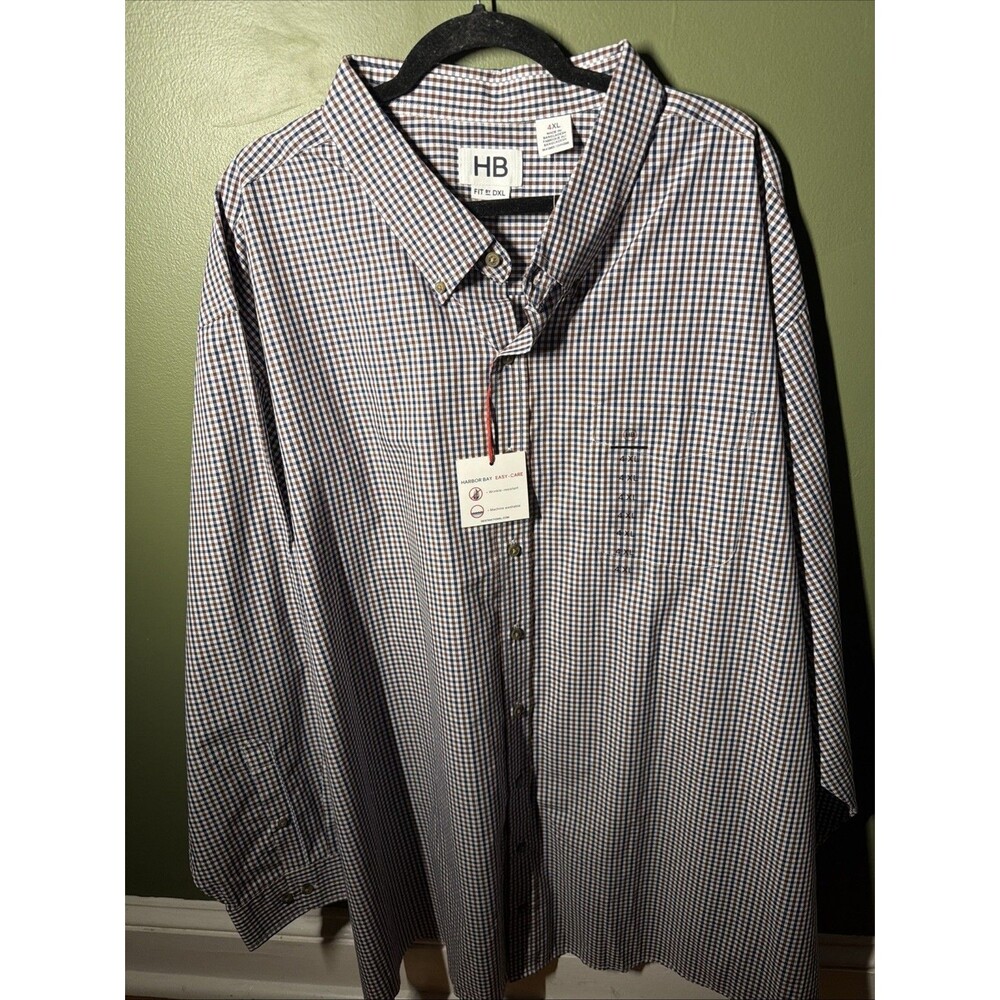 NWT Harbor Bay Fit By DXL Mens 4XL Check Gingham Button Down Shirt Long Sleeve